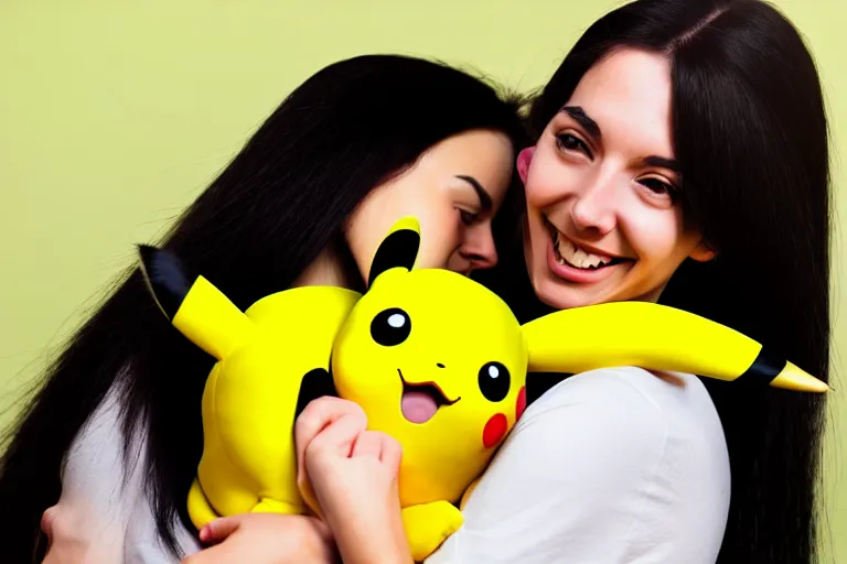 Image similar to a young skinny woman with long dark hair hugging a pikachu