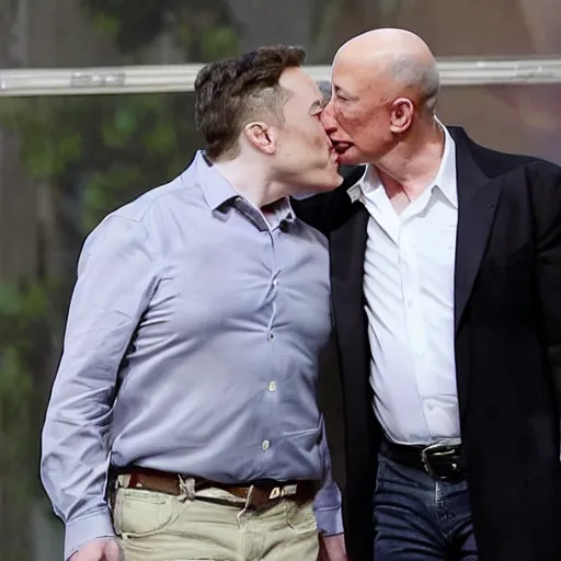 Prompt: elon musk and jeff bezos kissing