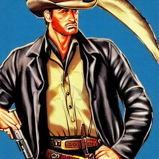 Prompt: a gunslinger in a western who looks like a cross between george clooney and kirk douglas. illustration.