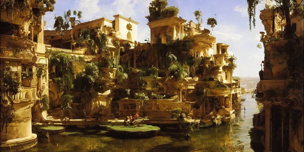 Image similar to beautiful landscape oil matte painting, of bustling empire hanging gardens of babylon, art by anders zorn, wonderful masterpiece highly detailed, beautiful cinematic light deep focus, elegant, digital painting, smooth, sharp focus, golden ratio, dramatic illumination, ultra realistic, 8 k, art by artemisia lomi gentileschi and caravaggio