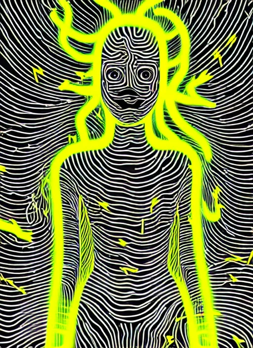 Image similar to highly detailed closeup portrait of wasteland wavy glowing yellow and white plasma hair cute happy tribal young lady, stray electric spark wiring by jean jullien, 4 k resolution, gradient yellow, black and white color scheme!!! ( ( dystopian city background ) )