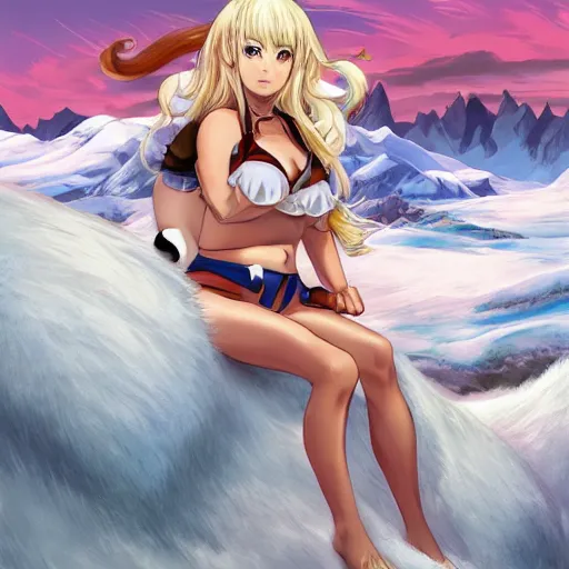 Image similar to bicolor - eyed blonde muscular anime girl warrior in bikini riding a polar bear in the snowy mountains background, epic fantasy digital painting, illustration by james jean and artgerm and mina petrovic and timothy kong and marina federovna, artstation