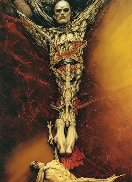 Prompt: a hanged man over the sleeping boy in the bed by Ayami Kojima, Amano, Karol Bak, Greg Hildebrandt, and Mark Brooks, Neo-Gothic, gothic, rich deep colors. Beksinski painting, part by Adrian Ghenie and Gerhard Richter. art by Takato Yamamoto. masterpiece