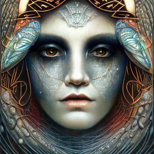 Prompt: beautiful closeup portrait of an art deco witch, glowing eyes. reflective detailed textures, moth wings, highly detailed dark fantasy science fiction painting by tom bagshaw and michael whelan and diego rivera and annie swynnerton and jean delville, elaborate geometric ornament, ancient runes, silver and cool colors. artstation