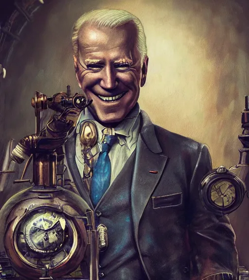 Image similar to portrait of steampunk joe biden cosplaying, by wlop, by simon stalengrad, by ilya repin, bioshock screenshot, photorealistic fan art, detailed shading, intricate abstract, steampunk, expressionism