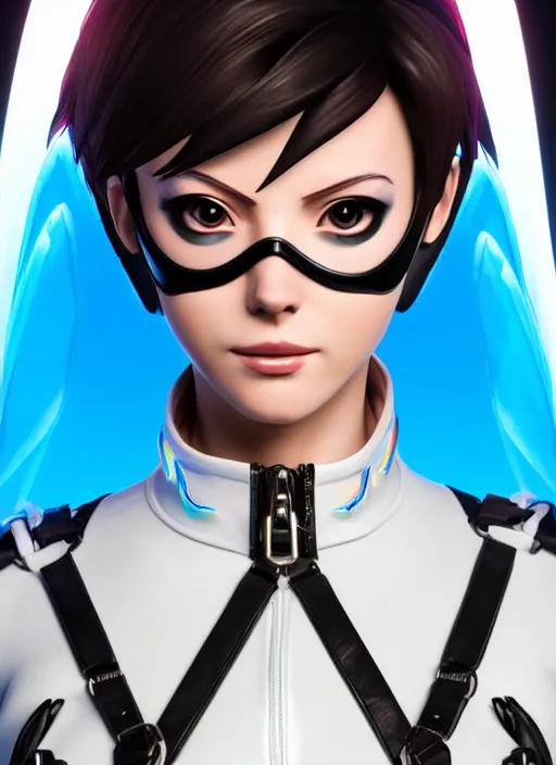 Image similar to portrait bust digital artwork of tracer overwatch, wearing white iridescent rainbow latex and leather straps catsuit outfit, 4 k, expressive happy smug expression, makeup, in style of mark arian, angel wings, wearing detailed black leather collar, chains, black leather harness, detailed face and eyes,