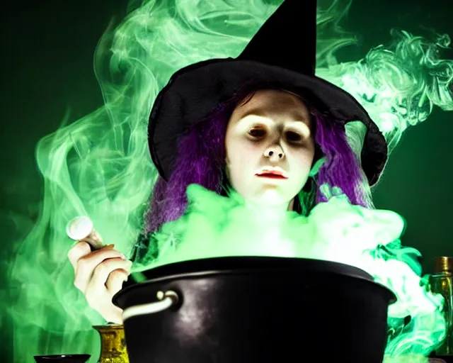 Prompt: close up portrait, scared teen witch mixing a spell in a cauldron, a cat is on the table, wispy green and purple smoke fills the air, a witch hat, cinematic, green glowing smoke is coming out of the cauldron, strange ingredients on the table, strange apothecary shelves in the background, scary stories to tell in the dark