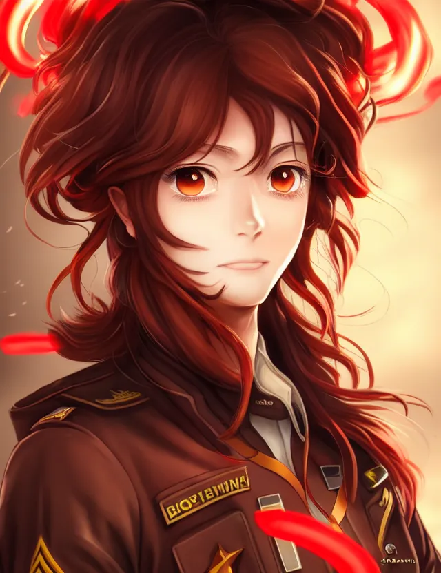 Image similar to a detailed manga portrait of a beautiful brown haired woman in a military uniform glowing with swirling red energy, trending on artstation, digital art, 4 k resolution, detailed, high quality, sharp focus, hq artwork, coherent, insane detail, character portrait