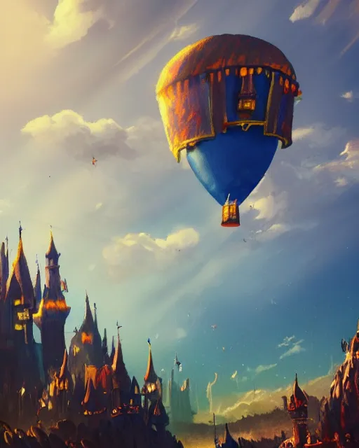 Image similar to flying cloud castle, buildings, baloons, machines, bright, blue sky, mountains, colorful, cinematic lighting, fantasy, high detail, illustration, masterpiece, artstation, 4 k, art by wylie beckert