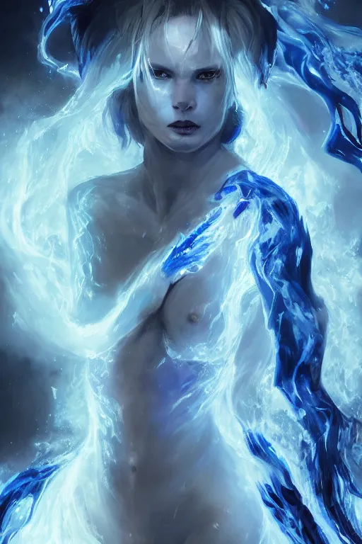 Image similar to a beautiful portrait of a young Demon women covered in blue and white flames with an intense look on her face by Greg Rutkowski, Sung Choi, Mitchell Mohrhauser, Maciej Kuciara, Johnson Ting, Maxim Verehin, Peter Konig, Bloodborne , 8k photorealistic, cinematic lighting, HD, high details, atmospheric , trending on artstation