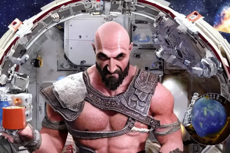 Prompt: kratos from the god of war videogame eating ramen noodles in the international space station