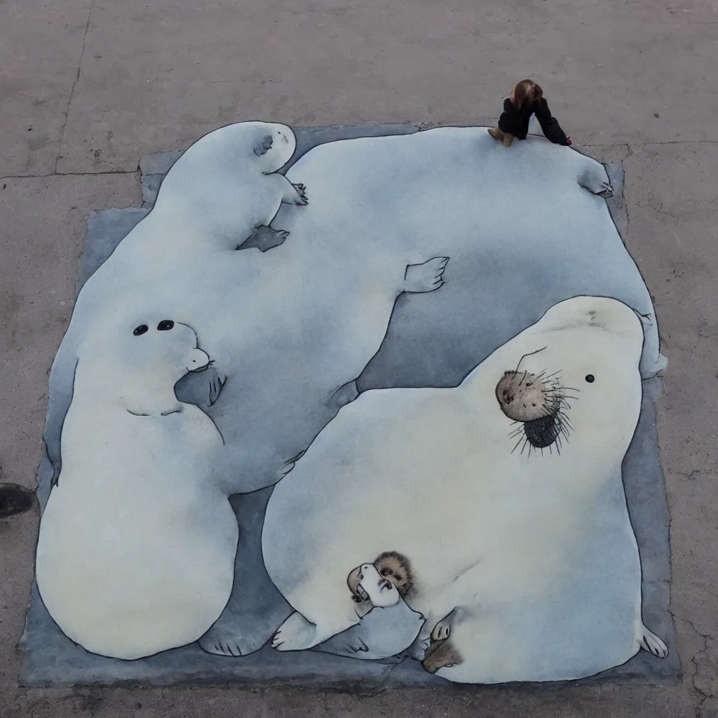 Image similar to a baby harp seal and large walrus, street art