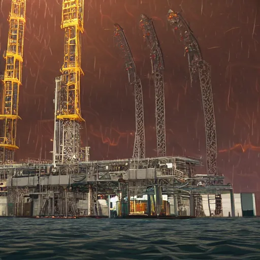 Prompt: A cathedral on an oilrig in the midst of a hurricane, concept art 4k hd unreal engine,