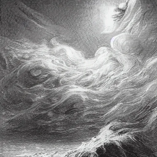 Image similar to a traditional portrait of cthulhu, small town in the background, night, soaring waves, clouds, illustration by Gustave Doré