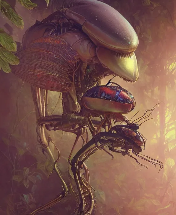 Prompt: portrait of an alien insect creature, adorable, childlike, overgrown environment, ultra realistic, concept art, psychedelic, photorealistic, octane render, 8 k, unreal engine. art by christopher marley and artgerm and greg rutkowski and alphonse mucha