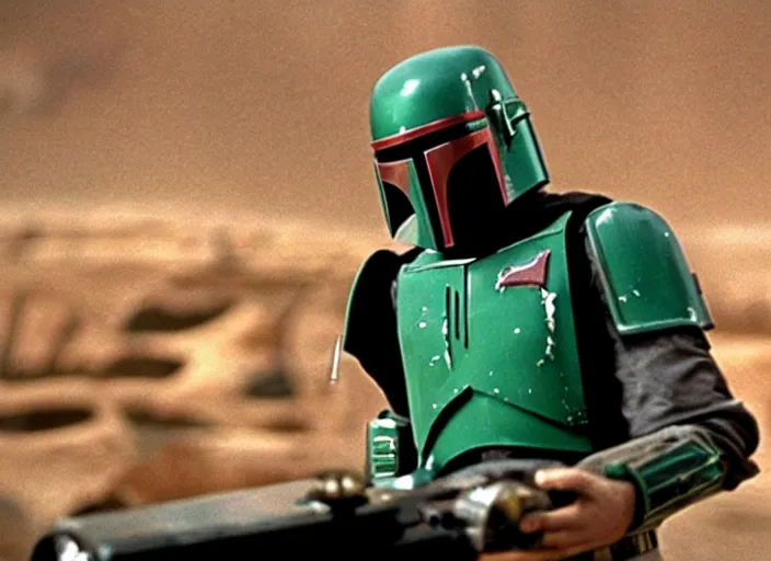 Image similar to film still of Boba Fett gambling in vegas in the Phantom Menace 1999