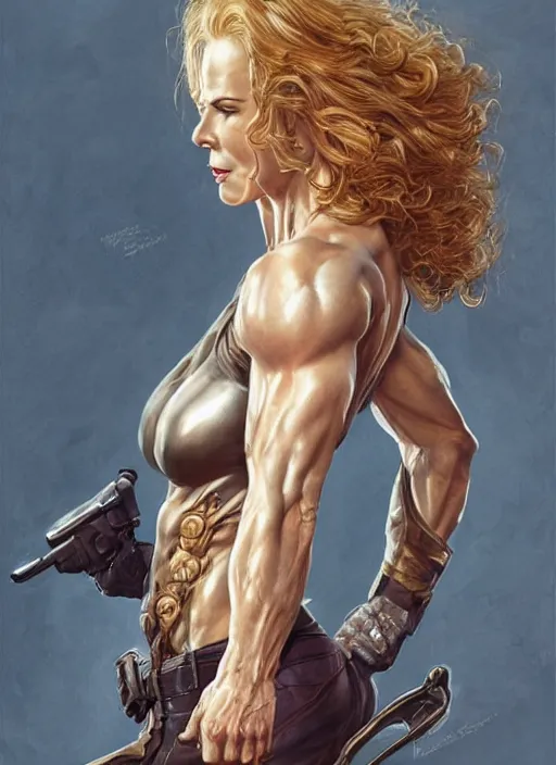 Image similar to muscled Nicole Kidman as a ruggedly handsome hero, intricate, elegant, highly detailed, centered, digital painting, artstation, concept art, smooth, sharp focus, illustration, artgerm, donato giancola, Joseph Christian Leyendecker, WLOP, Boris Vallejo, Artgerm