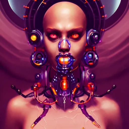 Prompt: a portrait of a beautiful cybernetic voodoo woman, cyberpunk concept art by pete mohrbacher and wlop and artgerm and josan gonzales, digital art, highly detailed, intricate, sci-fi, sharp focus, Trending on Artstation HQ, deviantart, unreal engine 5, 4K UHD image