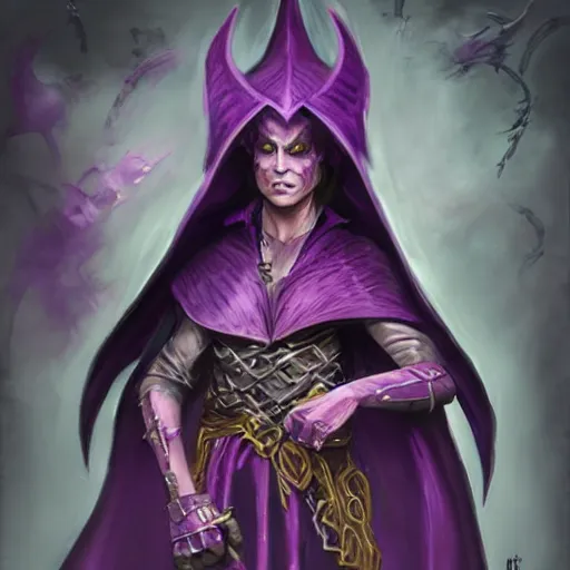 Prompt: ferocious purple female dragonborn, wearing a cape, wizard robe, sinister and stylish, pretty, beautiful, eyeliner, dnd character art portrait, matte fantasy painting, deviantart artstation, by jason felix, by steve argyle, by tyler jacobson, by peter mohrbacher, cinema