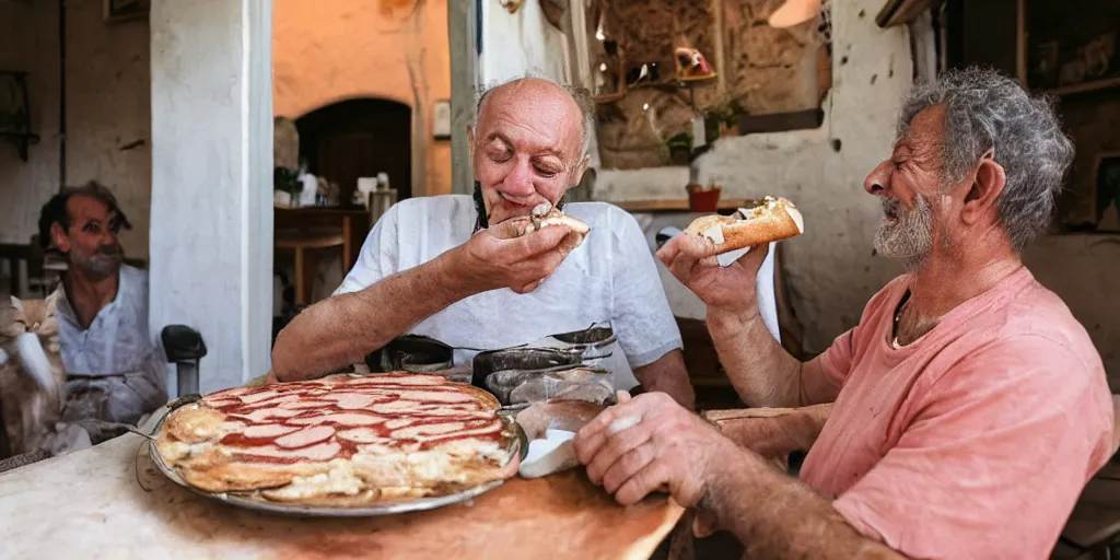 Image similar to cat sharing mortadella with his happy owner at a trullo house, photoreal, 3 5 mm, award winning photography