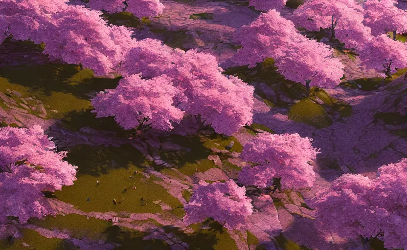 Image similar to cherry blossoms in the rocky hills, Low level, rendered by Beeple, Makoto Shinkai, syd meade, simon stålenhag, synthwave style, digital art, unreal engine, WLOP, trending on artstation, 4K UHD image, octane render,