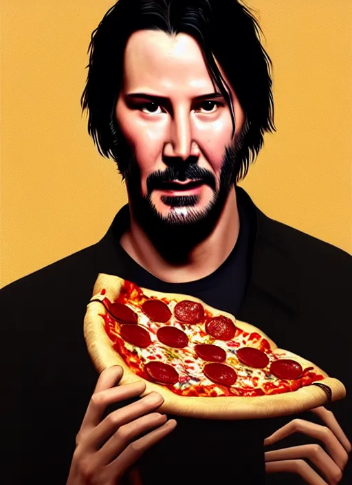 Image similar to portrait of keanu reeves eating pizza, intricate, elegant, glowing lights, highly detailed, digital painting, artstation, concept art, smooth, sharp focus, illustration, art by wlop, mars ravelo and greg rutkowski