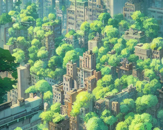 Prompt: a wholesome animation key shot of an overgrown New York covered in nature, overhead shot, wide shot, architecture, studio Ghibli, Pixar and Disney animation, sharp, very detailed, high resolution, inspired by Hayao Miyazaki, anime key art by Greg Rutkowski, Bloom, dramatic lighting