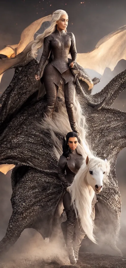 Image similar to full-body photograph of Kim Kardashian as Daenerys Targaryen riding a dragon, XF IQ4, 150MP, 50mm, F1.4, ISO 200, 1/160s, natural light