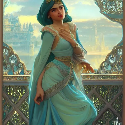 Prompt: beautiful young princess jasmin closeup, palace background, d & d, fantasy, elegant, highly detailed, digital painting, artstation, concept art, matte, sharp focus, illustration, art by artgerm and greg rutkowski and alphonse mucha