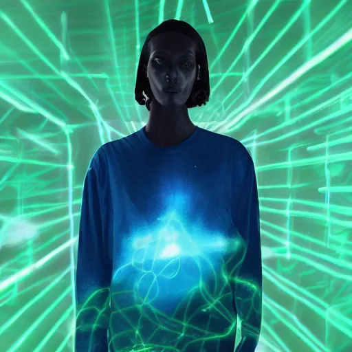 Image similar to ethereal long sleeve t shirt made of blue and green light, divine, cyberspace, mysterious, dark high-contrast concept art