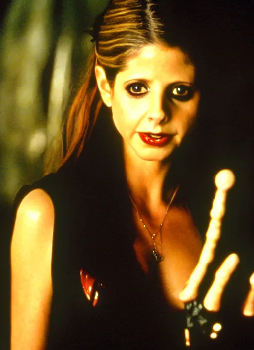 Image similar to film still of sarah gellar as a vampire in the movie the lost boys