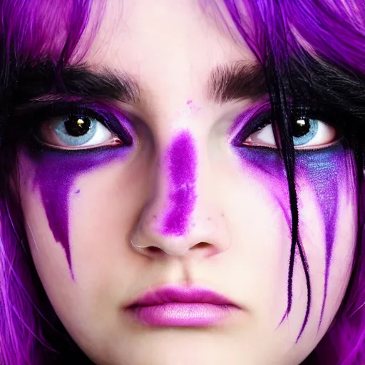 Image similar to detailed photo portrait of a furious teen girl with thin, hair-like purple tentacles on her head and bright purple eyes, 8k, trending on DeviantArt, face enhance,hyper detailed ,full of colour, dramatic lightning