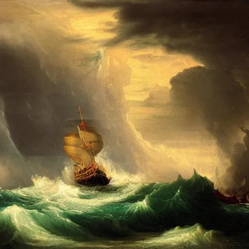 Image similar to an oil painting of an xviii century ship at sea during a thunderstorm, highly detailed, 4 k, painted by thomas cole