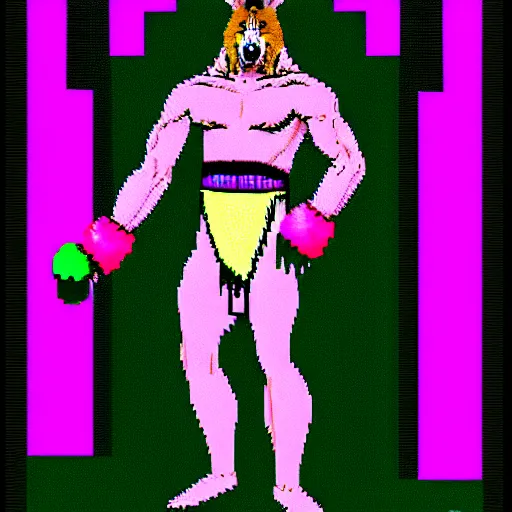 Prompt: full body shot antropomorphic muscular masculine wolf. kickboxer. wolf head. furr. 8 bit nes graphics. vaporwave futuristic 8 0's