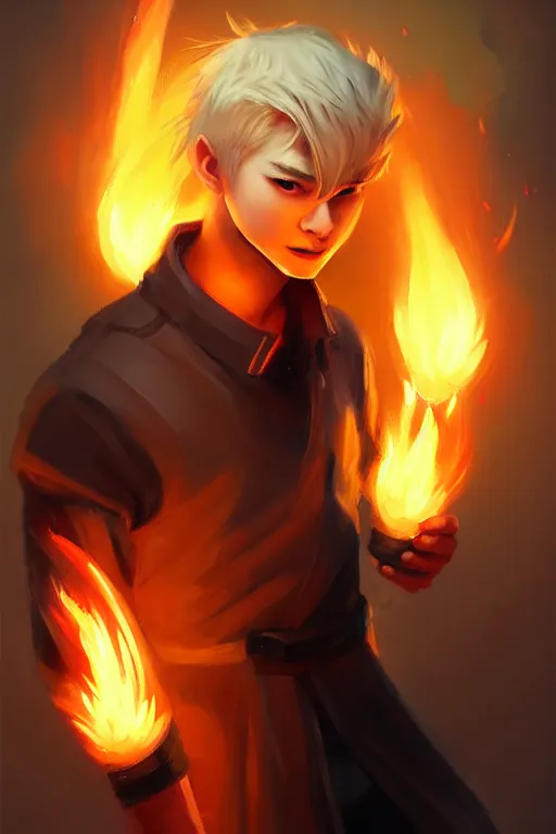 Image similar to character art by wenjun lin, young man, blonde hair, on fire, fire powers