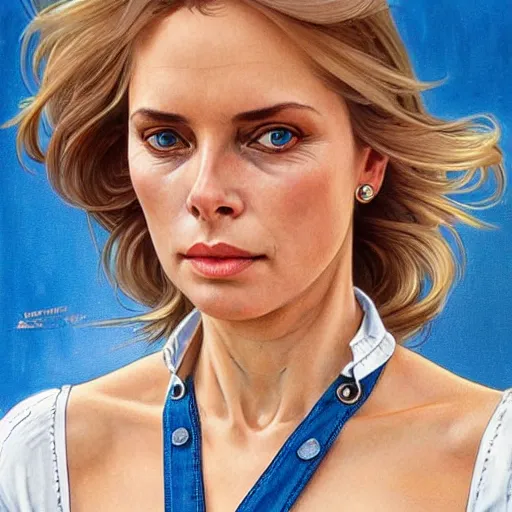 Image similar to portrait of a blonde fuller figured middle aged barbara bach from the bond film wearing blue dungarees and eating ice creams in porto, real life skin, intricate, elegant, highly detailed, artstation, concept art, smooth, sharp focus, art by artgerm and greg rutkowski and alphonse mucha