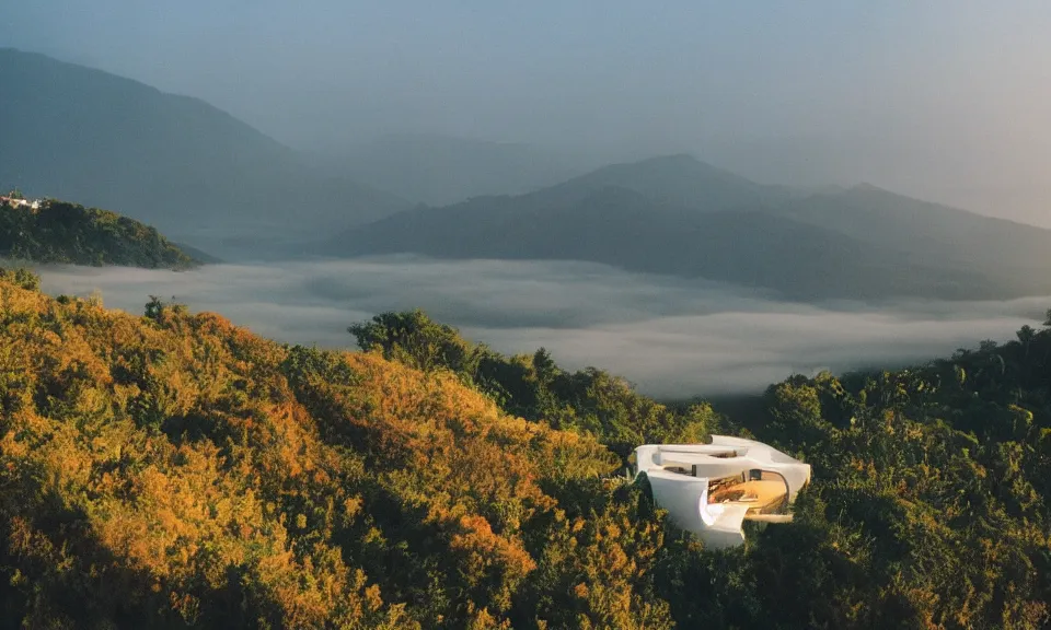 Image similar to 35mm film still, morning light over futuristic low-Fi villa in mountains high up, view over valley, fog in valley, the beach at a tropical island, vivid , color palette of gold, infinity pool in front of house