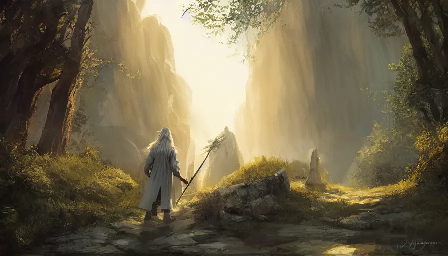 Image similar to concept art of gandalf approaching the shire, jama jurabaev, brush hard, artstation, high quality, brush stroke, soft lighting