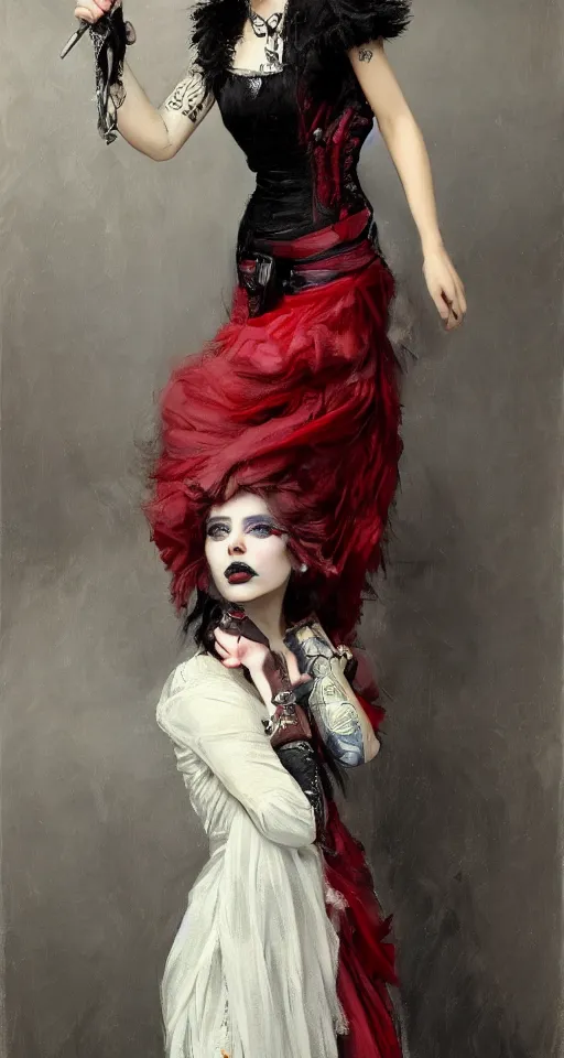 Image similar to one person only. One head only. Long flowing dress. Solomon Joseph Solomon and Richard Schmid and Jeremy Lipking victorian genre painting portrait painting of a young beautiful woman punk rock goth with punk rock haircut in fantasy costume, red background