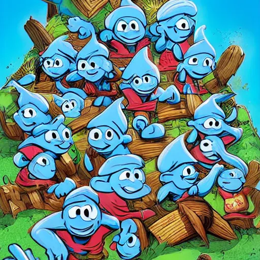 Image similar to the smurf village, artwork by skottie young