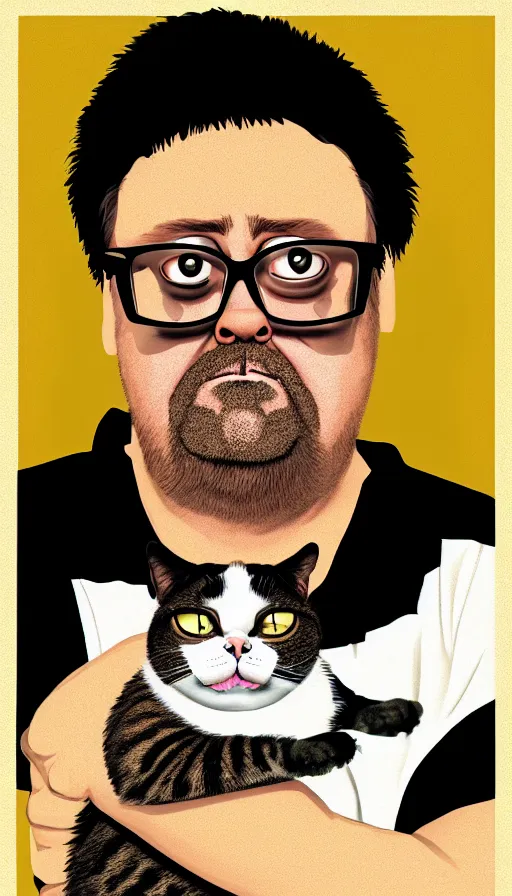 Image similar to a portrait of bubbles from trailer park boys holding a cat. detailed digital art