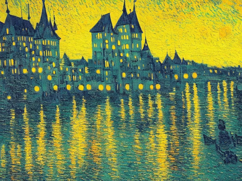 Prompt: trending on artstation, a beautiful German castle next to a river during sunset, oil on canvas, in the style of Vincent van Gogh