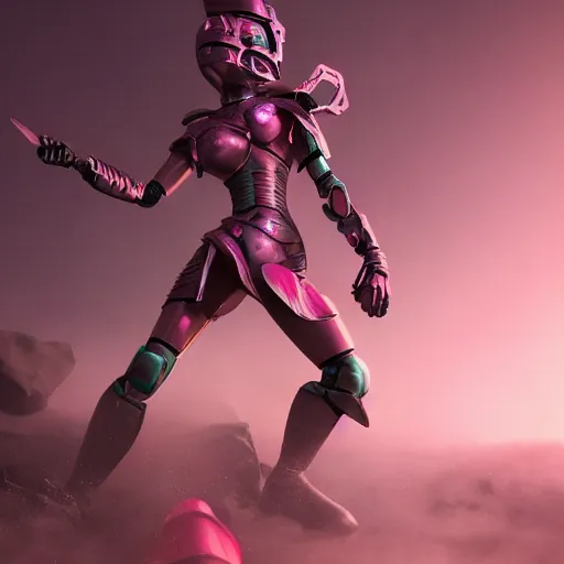 Image similar to warrior woman fights, pink robot enemies, octane render, cgsociety, detailed