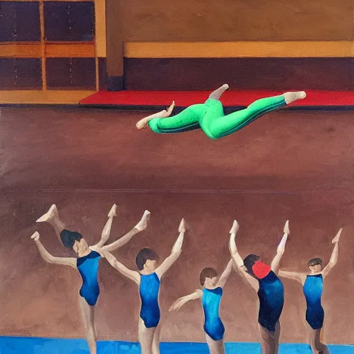 Prompt: A gymnastics doing flips in a gymnasium, oil on canvas