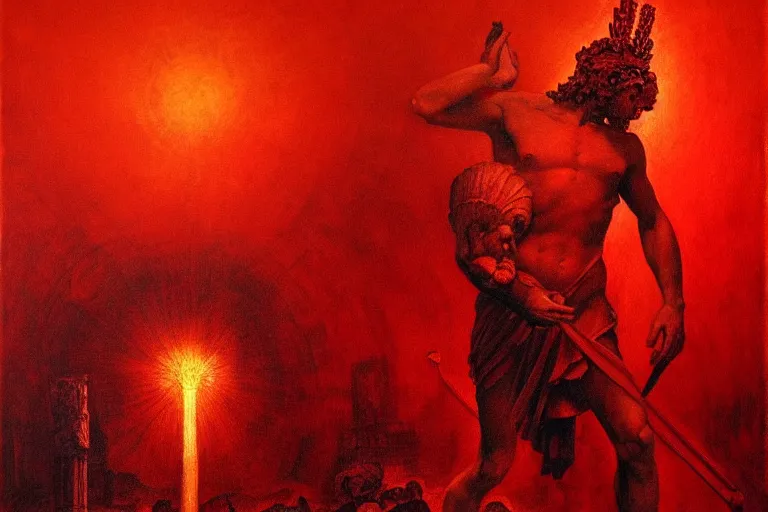 Image similar to only with red, a red melted apollo with a laurel wreath and a flaming sword announce the win, atene in the background, in the style of beksinski, part by hopper, part by rodcenko, part by hofbauer, intricate composition, red by caravaggio, insanely quality, highly detailed, masterpiece, red light, artstation