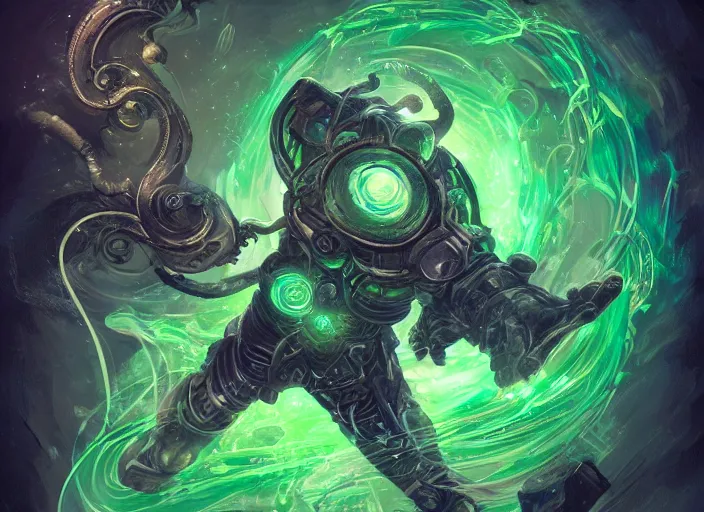Image similar to hand with magical swirling green entergy, tarot card, blizzard entertainment, ilm, intricate, highly detailed, centered, digital painting, artstation, concept art, smooth, sharp focus, illustration