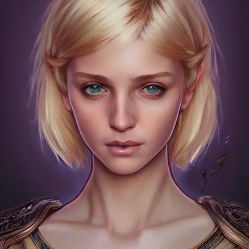 Image similar to an epic fantasy comic book style portrait painting of a young blonde girl with pixie haircut wearing plain tank top, confident, fantasy, intricate, elegant, highly detailed, digital painting, artstation, concept art, matte, sharp focus, illustration, art by artgerm and greg rutkowski and alphonse mucha