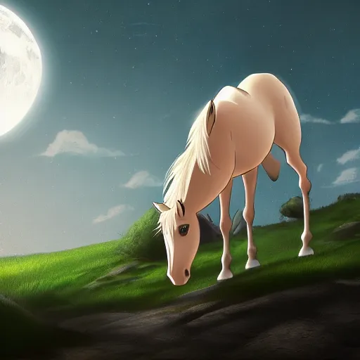 Image similar to a horse, grazing on the moon, trending on artstation, anime style