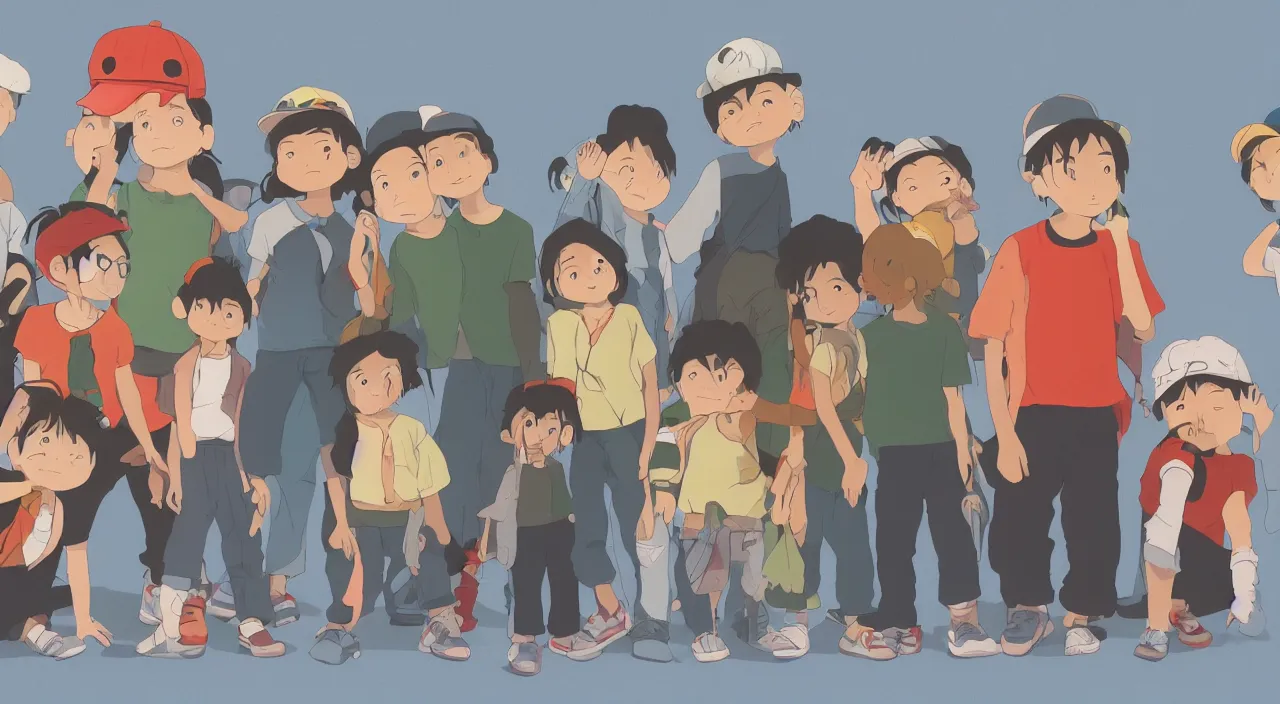 Image similar to (illustration) of 3-d young hip ape kids wearing a street clothes, by (((Studio Ghibli))), 8k, soft lighting, cartoon look, face enhance, sharp focus, concept art, smooth