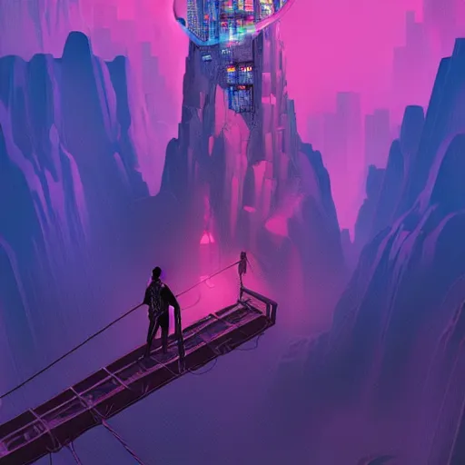 Prompt: comic book art of a [ man ] in trenchcoat with ( glowing ) crossing a [ old ] [ rope ] bridge in a [ jungle ] looking up at a [ mountain ] made of crystalized pink rock, a [ glowing tower ] extends into the sky, low angle, artstation illustration, elegant, cyberpunk, volumetric fog, arcane by tim doyle